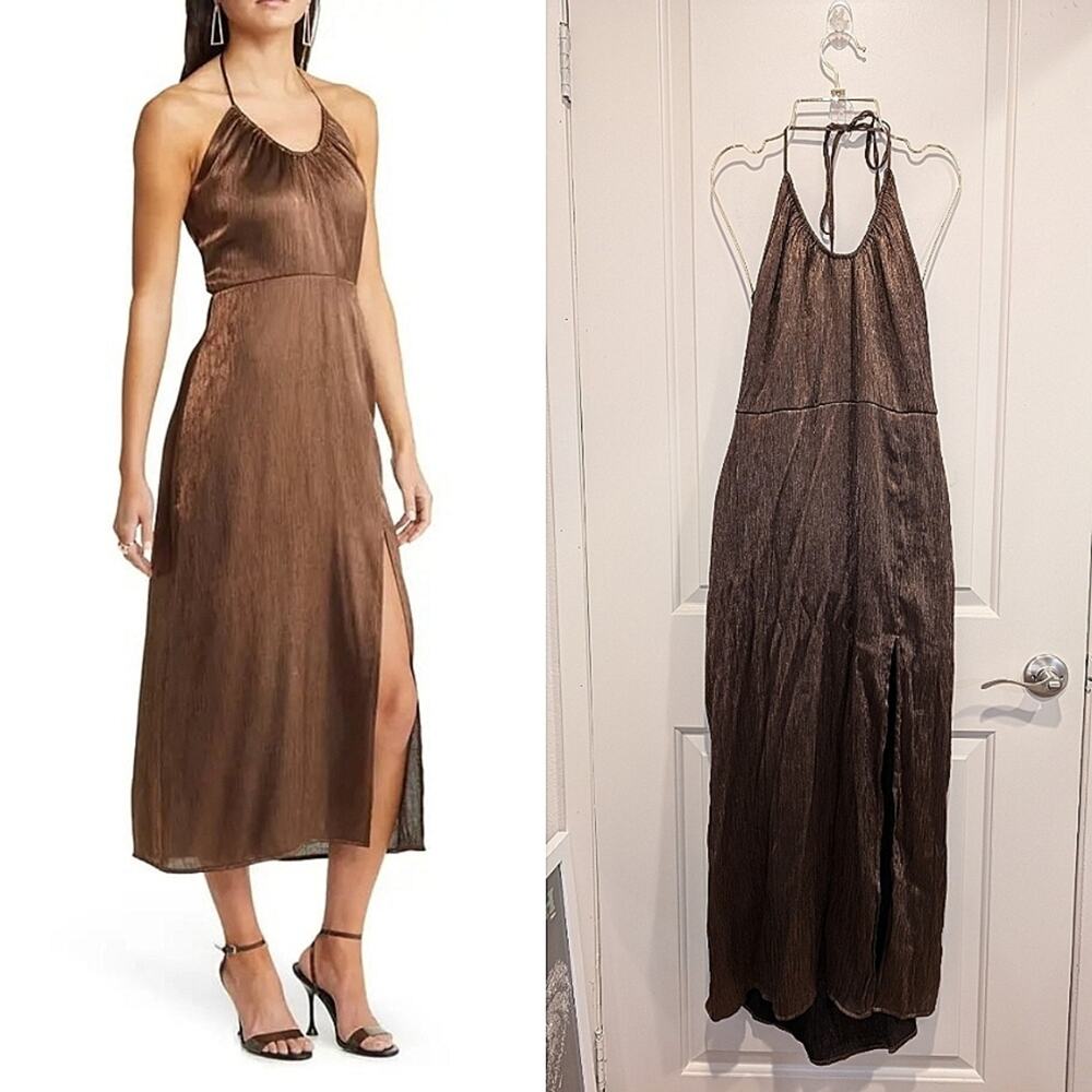 NWOT Open Edit Scoop Neck Halter Midi Dress Metallic Bronze Size Large